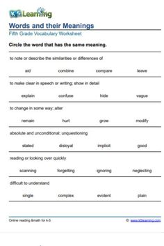 words and their meaningss worksheet