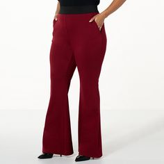 DG2 by Diane Gilman Ponte Knit Pull-On High Rise Flare Pant  Low maintenance, high fashion. Made from a soft, stretch ponte structured knit fabric, these flattering, flared bootcut pants bring effortless sophistication to your wardrobe. High Stretch Solid Color Pants For Fall, High Stretch Solid Pants For Fall, Fitted Full-length Dress Pants For Winter, Winter Stretch Full Length Dress Pants, Fitted Wide Leg Winter Dress Pants, Fitted Wide Leg Dress Pants For Winter, Stretch Dress Pants For Night Out, Winter Wide Leg Fitted Dress Pants, Stretch Full-length Dress Pants For Fall