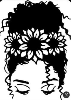 a black and white drawing of a woman's face with flowers in her hair