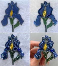 four pictures of blue flowers with green stems and yellow centers, one is made out of glass beads