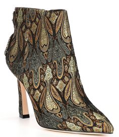 From Antonio Melani&#x2C; the Grayce Jacquard Snake Embellished Paisley Print Booties feature:Paisley jacquard fabric upperSnake embellished ornamentInside zipper details for the ease of fitStretch Antonio Melani logo fabric liningLeather Sock Lining with Antonio Melani logo sock stampLeather outsoleCovered heelapprox. 3.7" heel heightApprox. 5.31" shaft heightApprox. 10.6" shaft circumfrenceImported. Antonio Melani, Leather Socks, Zipper Detail, Shoe Closet, Boot Shoes Women, Modern Woman, Bootie Boots, Womens Boots, Me Too Shoes