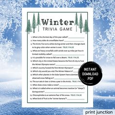 the winter trivia game is shown with snowflakes in the background