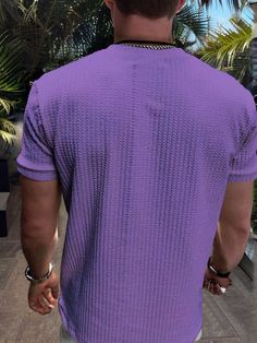 Style:Casual \nHem Shaped:Asymmetrical \nSleeve Type:Regular Sleeve \nDetails:Rib-Knit \nColor:Purple \nPattern Type:Plain \nNeckline:Round Neck \nSleeve Length:Short Sleeve \nLength:Regular \nFit Type:Regular Fit \nFabric:Medium Stretch \nMaterial:Polyester \nComposition:100% Polyester \nCare Instructions:Machine wash, do not dry clean \nSheer:No \n Color Textures, Mens Summer, Summer Casual, Rib Knit, Style Casual, Round Neck, Dry Clean, Solid Color, Texture