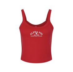 a women's red tank top with the words alphia phi on it