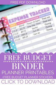 the free budget binder printable is shown in purple and white with stars on it