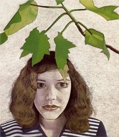 a painting of a woman with leaves on her head and the branches above her head