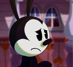 an animated character with black and white ears