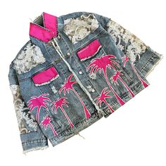 DESCRIPTION Lace and denim jacket. Assorted sized pink palms trees with white outline painted throughout. Collar and front pockets painted pink. Signed @wrenandglory. Due to each piece being hand painted, each jacket might have slight differences. Please allow 1-2 weeks delivery, as each jacket is hand painted, and made to order. LIMITED EDITION - ONLY 100 WILL BE MADE; GET IT BEFORE IT'S SOLD OUT! EACH PIECE IS MADE TO ORDER, HAND PAINTED BY GLORIA AND HER TEAM IN THEIR NYC STUDIO FIT Light wei