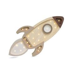 a wooden toy rocket ship with lights on it