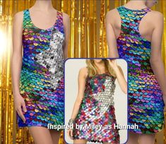 a colorful sequin dress is featured in this photo