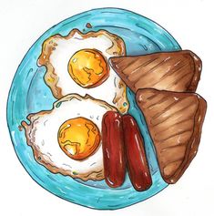 a plate with eggs, sausages and fried egg on it is shown in this drawing