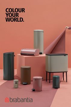 an advertisement for braantia featuring different types of trash cans and garbage cans, with the text'color your world '