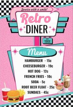 the retro diner menu is shown in pink