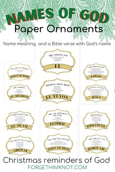 christmas printable name tags for paper ornaments with gold foil and green pine branches