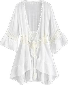 Fitted V-neck Beach Cover-up, Fitted Bohemian Cover-up For Vacation, White Open Front Swimwear For Beach Cover-up, White Wrap Cover-up For Beach Party, Fitted Bohemian Cover-up For Poolside, Bohemian Fitted Cover-up For Vacation, Fitted Bohemian Style Cover-up For Vacation, Fitted Cover-up For Beach Season Vacation, White Long Sleeve Cardigan For Beach Cover-up