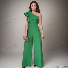 Single Shoulder High-waisted Loose Fit Jumpsuit High-waisted Green Jumpsuits And Rompers For Summer, Green High-waist Jumpsuits And Rompers For Summer, High Waist Green Jumpsuits And Rompers For Summer, Green Fitted Strapless Jumpsuit For Summer, Fitted Green Jumpsuit, Loose Fit Jumpsuit, High Waisted Pants, Dressmaking, Length Sleeve