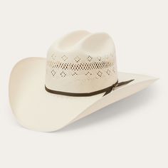 The Baker 10X premium straw cowboy hat is crafted from 10X quality Shantung straw. Lightweight and durable with a smooth feel, it has a 4 1/8" cattleman crown and 4 1/4" brim, complimented by a 2 cord black hat band. A DRI-LEX® absorbent sweatband keeps you cool and comfortable all day long, while diamond venting provides superior air circulation and breathability. Handmade in the USA with the finest construction and materials, our straw hats are made to stand the test of time. 3042 Profile 4 1/ Cowboy Hats Straw, Stetson Cowboy Hats Women, White Straw Hat Bands For Ranch, White Single Vent Straw Hat For Western-themed Events, Fitted Western Panama Hat For Ranch, Western Style Fitted Panama Hat For Ranch, Western Style Straw Hat For Ranch, Western Style Rigid Straw Hat For Rodeo, Western Toquilla Straw Hat For Rodeo