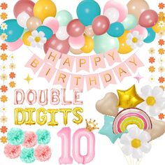 a happy birthday card with balloons, flowers and stars in the background that says double digits 10 years