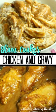 slow cooker chicken and gravy in a white bowl