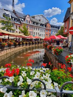 flowers and umbrellas line the side of a canal with buildings on both sides in europe