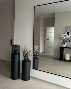 three black vases are sitting in front of a large mirror on the wall next to two planters