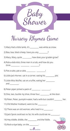 a baby shower game with the words nursery rhymes game written in purple and white