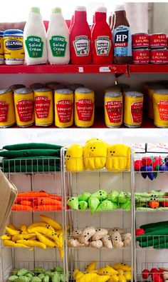 two shelves filled with different types of food