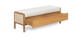 a wooden bench with a white cushion on it's top and drawers underneath the seat