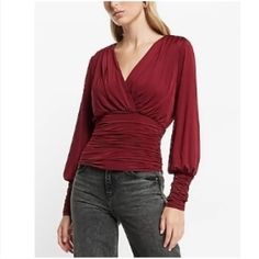 This Dark Red Rushed Satin Top Is Perfect For A Winter Night Out! V-Neck, Pleated Shoulder, 88% Recycled Polyester, 12% Spandex. Never Worn, Pristine Condition. Fits True To Size. Red V-neck Tops For Brunch, Party V-neck Ruched Tops, Chic Burgundy V-neck Blouse, Red Tops For Date Night In Fall, Fall V-neck Top For Date Night, Red V-neck Top For Brunch, Burgundy V-neck Top For Date Night, Satin Top, Winter Night