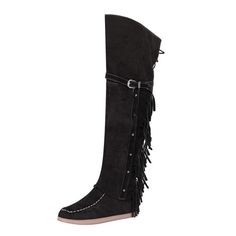 Winter Women Faux Suede Tassel Boots Fashion Ethnic Fringe Boho Long Boots Flat Heel Knee High Boots Festival Boots With Tassels And Round Toe, Bohemian Boots With Tassels And Round Toe, Bohemian Style Fringe Boots With Round Toe, Bohemian Fringe Boots With Round Toe, Brown Tasseled Boots For Festivals, Bohemian Knee-high Boots For Festivals, Bohemian Brown Boots With Tassels, Brown Bohemian Boots With Tassels, Western Boots With Tassels For Festival