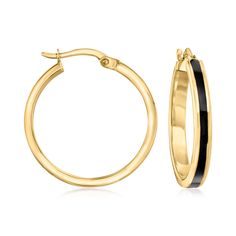 Ross-Simons - Black Enamel Hoop Earrings in 14kt Yellow Gold. 1". Striped with black enamel, these classic 14kt yellow gold hoop earrings will add a bold touch to any outfit. Hanging length is 1". Snap-bar, black enamel hoop earrings. Classic Small Hoop Earrings In Black, Classic Small Black Hoop Earrings, Small Black Classic Hoop Earrings, Classic Black Hoop Earrings For Formal Occasions, Black Hoop Earrings For Anniversary, Black Hoop Jewelry For Formal Occasions, Formal Black Hoop Jewelry, Classic Yellow Gold Earrings With Black Enamel, Black Enamel Hoop Earrings