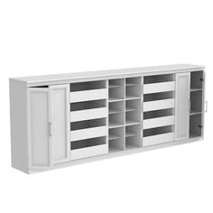 a white cabinet with many compartments and doors on it's sides, in front of a white background