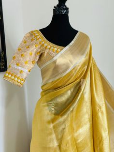 *Premium Collection* Banarasi golden double shaded   Tissue saree with self weaving stripes  on all over the saree Rich  weaving saree is done with fall pico and fancy tassels  Teamed with brocade  blouse piece having beautiful embroidery and fancy hangings for blouse with ropes party wear for weddings and receptions cocktail saree u will love it Gold Tussar Silk Pre-draped Saree With Pallu, Gold Tussar Silk Pre-draped Saree With Zari Weaving, Gold Pre-draped Saree With Unstitched Blouse For Puja, Gold Tissue Silk Pre-draped Saree For Puja, Gold Raw Silk Pre-draped Saree With Zari Work, Gold Pre-draped Raw Silk Saree With Zari Work, Gold Tissue Silk Pre-draped Saree With Zari Work, Gold Pre-draped Saree With Resham Embroidery For Festivals, Yellow Cutdana Raw Silk Blouse Piece