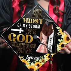 Looking for a unique graduation cap topper on the big day? Check out our design for Black Queen: Even In The Midst Of My Storm I See. It's the perfect choice for you. Or it could be a special gift for your loved one who prepares for the graduation ceremony. This graduation cap topper is digitally hand-drawn (NOT PAINTED), whether you're in a time crunch, or you want something easy and affordable for your special day! It's easy to apply to your graduation cap up to minutes before graduation. Each Customizable Black Graduation Cap Topper, Customizable Black Graduation Cap Topper Gift, Customizable Black Graduation Accessories, Personalized Black Graduation Accessories, Personalized Graduation Cap Topper As Graduation Gift, Customizable Graduation Cap Topper As Gift, Black Letter Print Graduation Cap Topper, Black Graduation Cap Topper With Letter Print, Adjustable Black Graduation Cap Topper As A Gift