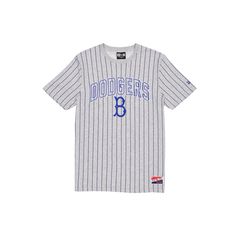 The Brooklyn Dodgers Throwback Gray Pinstripe T-Shirt features an embroidered Dodgers wordmark above an embroidered team logo at the front.Fabric: 63% Cotton, 37% Polyester Blue College T-shirt With Embroidered Logo, College Crew Neck T-shirt With Embroidered Logo, Collegiate College Tops With Embroidered Logo, Collegiate Tops With Embroidered Logo For College, Casual College Tops With Three Stripes, Casual Three Stripes Tops For College, Sports Season Crew Neck Top With Three Stripes, Varsity Athletic Heather Tops For College, College Embroidered Logo T-shirt With Short Sleeves