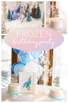 a frozen birthday party with balloons, cake and decorations