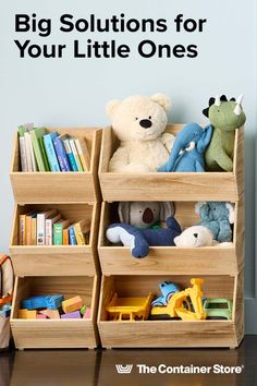 three wooden bins with stuffed animals and toys in them