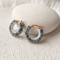 Denim Beaded Hoop Earrings Blue White and Gold Seed Bead Hoop Earrings Ready to Ship Gift Under 40 for Mom - Etsy Handmade Blue Beaded Small Hoop Earrings, Small Blue Beaded Hoop Earrings, Blue Hoop Beaded Earrings With Tiny Beads, Blue Beaded Hoop Earrings Gift, Gift Blue Beaded Hoop Earrings, Blue Hoop Earrings With Tiny Beads, Blue Small Hoop Earrings With Tiny Beads, Small Hoop Beaded Earrings With Spacer Beads For Gifts, Handmade Everyday Hoop Beaded Earrings