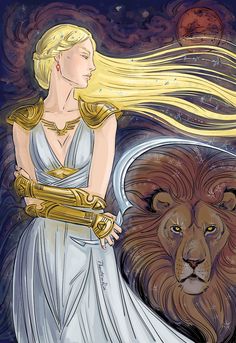 a drawing of a woman with long hair standing next to a lion