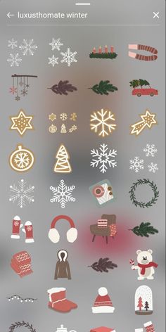 an image of christmas stickers on a cell phone with snowflakes and other decorations