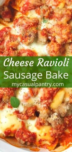 cheese ravioli sausage bake in a white casserole dish