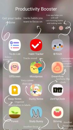 an iphone screen with icons on it and the text'productivity booster'above it