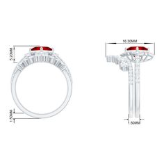 a red and white diamond ring with measurements