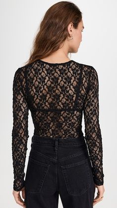 FRAME Mesh Lace Crewneck | Shopbop Chic Fitted Mesh Top With Lace Trim, Black Mesh Top With Lace Trim For Party, Black Lace Top With Crew Neck, Black Mesh Top With Long Sleeves And Lace Detail, Black Lace Crew Neck Top, American Brand, Modern Wardrobe, China Fashion, Stretch Lace