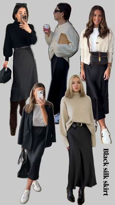 Capsule wardrobe items with a black silk skirt + sweater + belt + boots OR Switch out for white sneakers + neutral cardigan Silk Skirt Sweater, Sneakers Neutral, Neutral Cardigan, Belt Boots, Pear Shapes, Skirt Sweater, Pear Body, Pear Body Shape