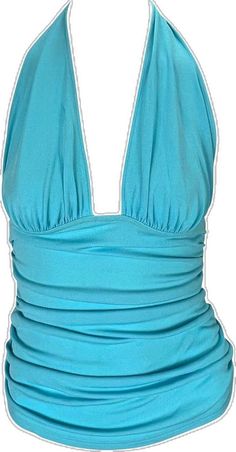 Spring Halter Neck Ruched Top, Chic Blue Halter Neck Top, Blue Ruched Tops For Spring, Ruched Fitted Halter Neck Tops, Fitted Ruched Halter Neck Top, Blue Ruched Sleeveless Top, Fitted Turquoise Tops For Spring, Chic Ruched Halter Neck Tops, Fitted Blue Halter Neck Top