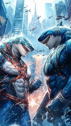 two superheros in the city with sharks on their backs, one is holding his fist