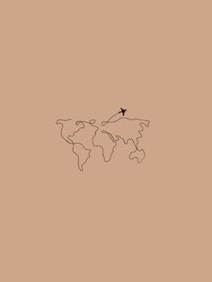 a black and white drawing of a plane flying over the world on a brown background