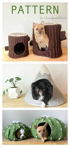 three different pictures of cats and dogs in crochet beds