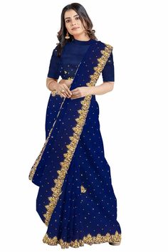 Georgette Saree Party Wear, Blue Georgette Saree, Stone Work Saree, Half Sleeve Blouse